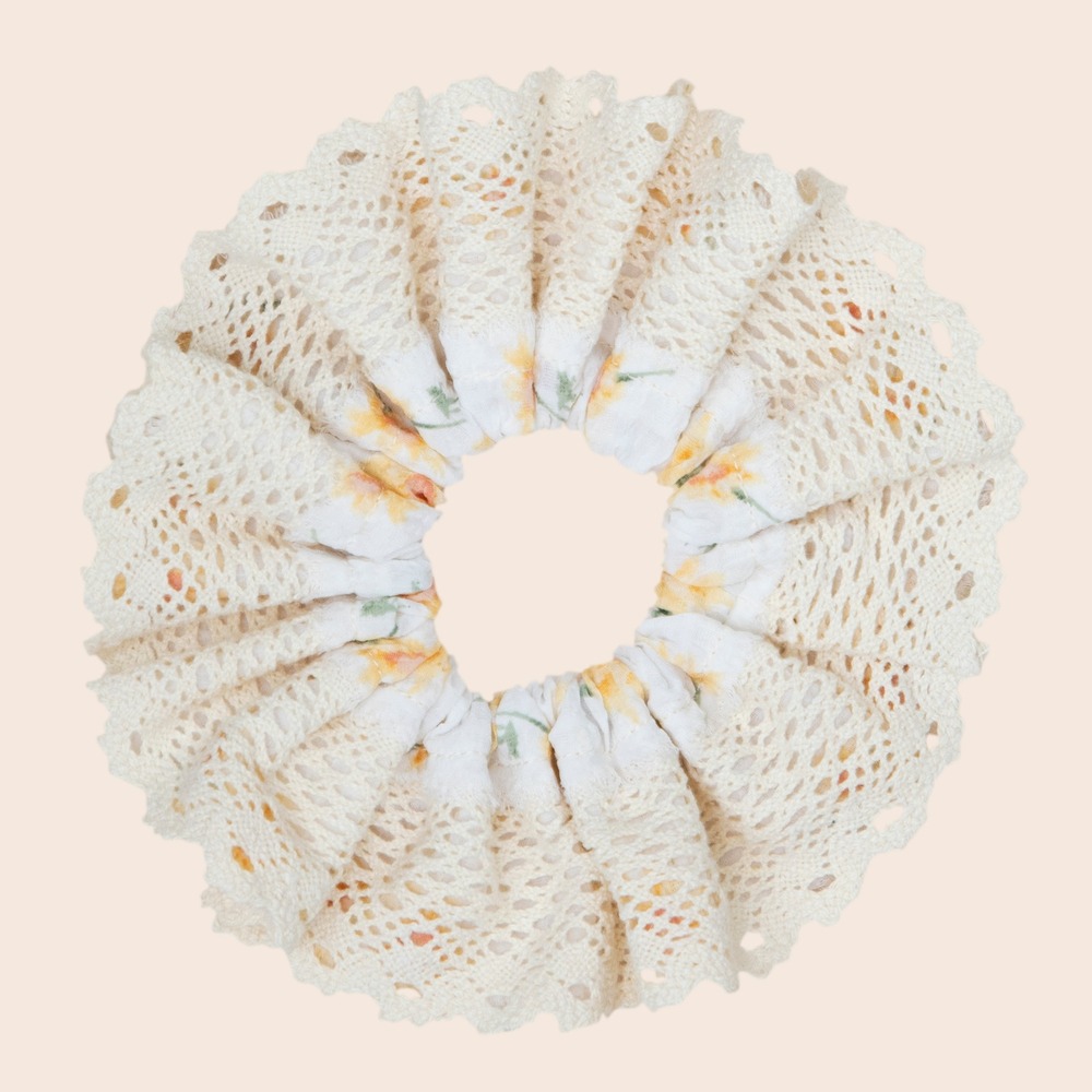Floral Lace Scrunchie Hair Tie Cream Yellow Cottagecore Boho Kids Accessory